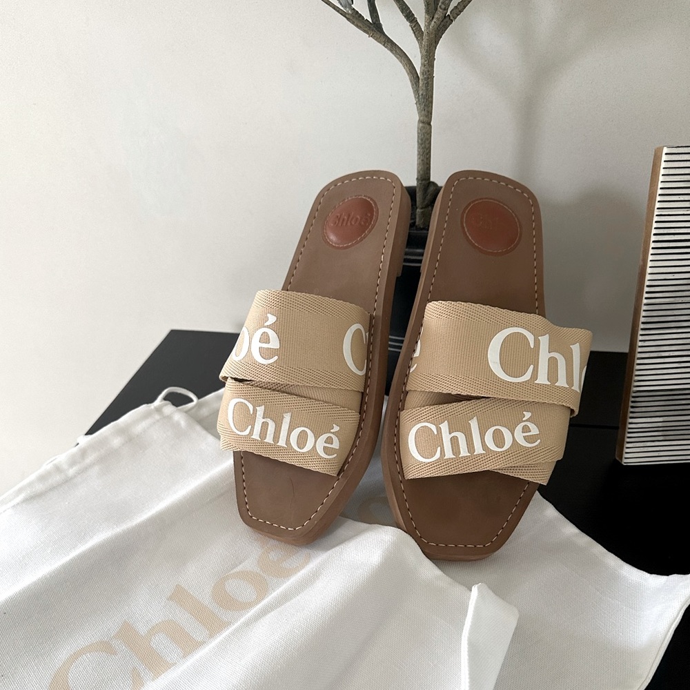 Chloe Woody Logo Canvas Sandal Slide Soft Tan 38
